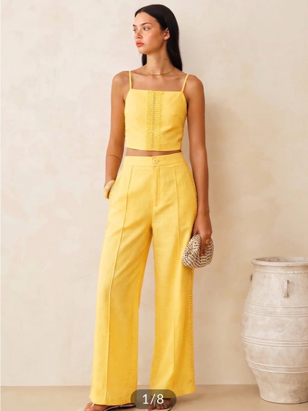 Commense Cotton Linen Lace Trim Cami Top & Pants Set